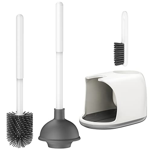 Toilet Brush & Plunger Set. 2 in 1. Silicone Bristles. Plastic & TPR Material. White