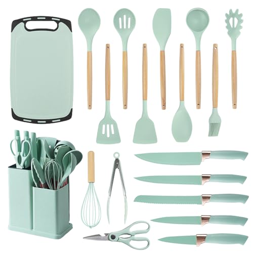 Cooking Utensils Set.19 Kitchen Set Utensils Set with 11 Pieces Spatula Cooking Utensils.Heat Resistant Silicone Utensils 6 Piece Sharp Knife Set 2 Pieces Utensil Cutting Board (Green 19 PCS Set)