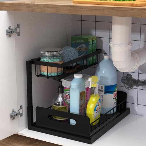 bukfen Under Sink Organizer. Pull Out Cabinet Organizer 2-Tier Slide Out Sliding Shelf Under Cabinet Storage Multi-Use for Under Kitchen Bathroom Sink Organizers and Storage