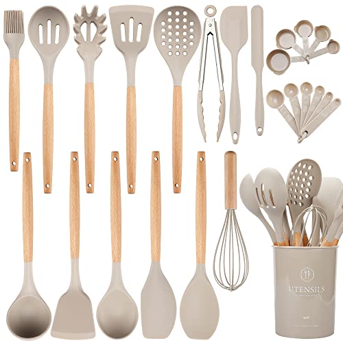 Kitchen Utensils Set with Holder. 26 pcs BPA Free Non-stick. Wooden Handle Heat Resistance Silicone Spatula Spoon Kitchen Gadgets Cooking Utensils Set (Khaki)