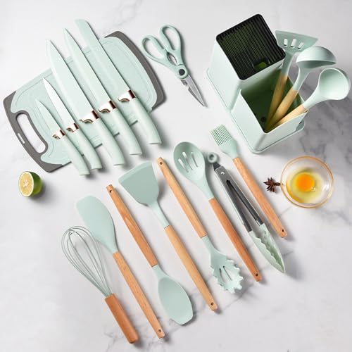 Cooking Utensils Set.19 Kitchen Set Utensils Set with 11 Pieces Spatula Cooking Utensils.Heat Resistant Silicone Utensils 6 Piece Sharp Knife Set 2 Pieces Utensil Cutting Board (Green 19 PCS Set)