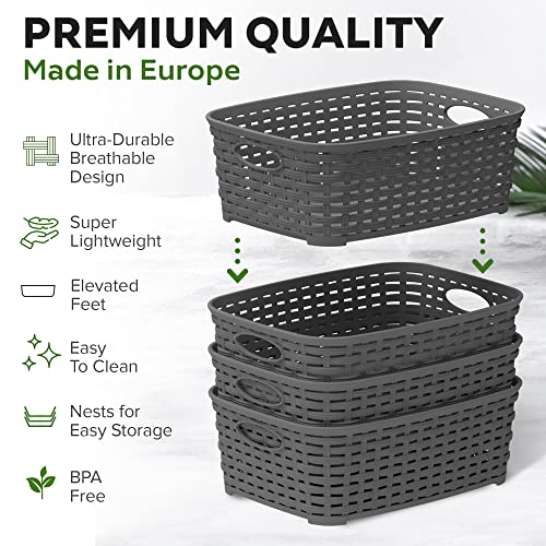 European Made Plastic Storage Bins. Heaviest Duty. Household Organizers for Bathrooms. Bedrooms. Kitchens. Laundry Room. Cabinets. Shelves. 4 Pk. Dark Grey