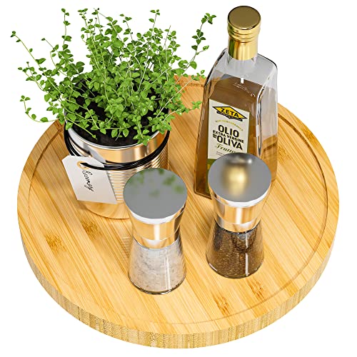 Lazy Susan Organizer. 10 Inch Non-Skid Bamboo Turntable Organizer for Salt Pepper olive oil and spices Next to Stove. Wooden Lazy Susan for Table or Kitchen Countertop Organizer