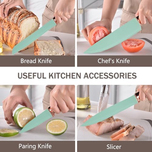 Cooking Utensils Set.19 Kitchen Set Utensils Set with 11 Pieces Spatula Cooking Utensils.Heat Resistant Silicone Utensils 6 Piece Sharp Knife Set 2 Pieces Utensil Cutting Board (Green 19 PCS Set)