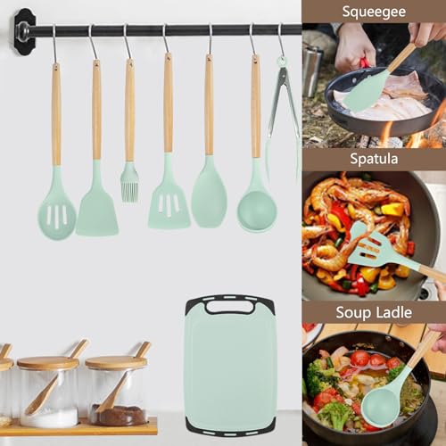 Cooking Utensils Set.19 Kitchen Set Utensils Set with 11 Pieces Spatula Cooking Utensils.Heat Resistant Silicone Utensils 6 Piece Sharp Knife Set 2 Pieces Utensil Cutting Board (Green 19 PCS Set)