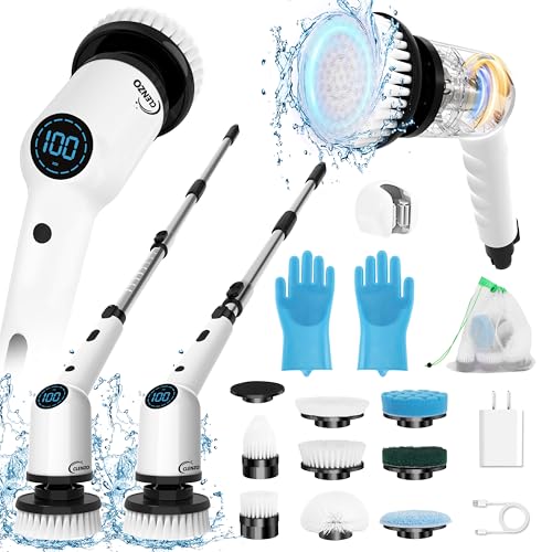 Electric Spin Scrubber. 9 in 1 Cordless Cleaning Brush with Type C USB Port. Charger. Gloves. 3 Adjustable Speed. LED Display. Electric Scrubber for Cleaning Bathroom Tub Tile Floor