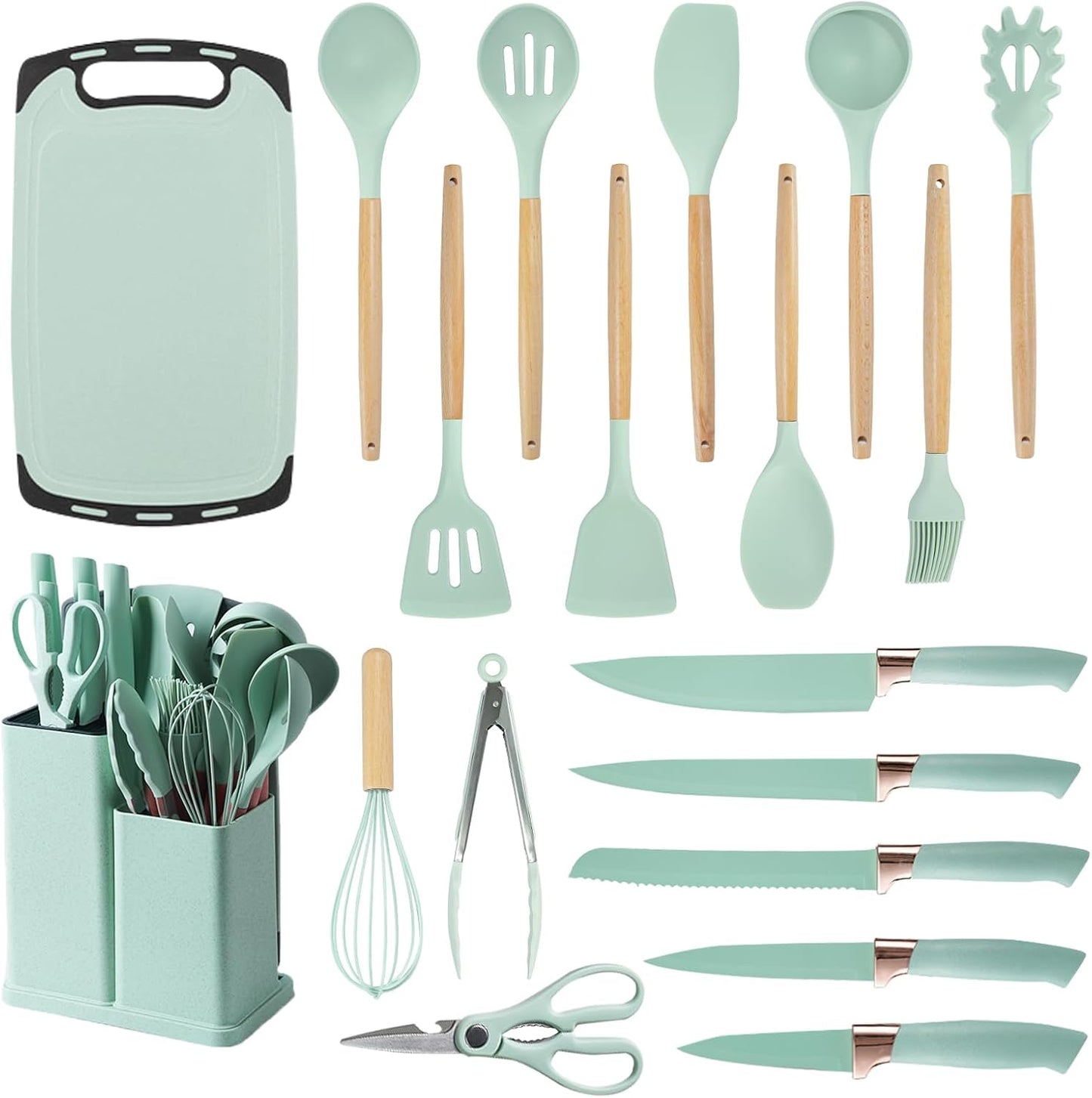 Cooking Utensils Set.19 Kitchen Set Utensils Set with 11 Pieces Spatula Cooking Utensils.Heat Resistant Silicone Utensils 6 Piece Sharp Knife Set 2 Pieces Utensil Cutting Board (Green 19 PCS Set)