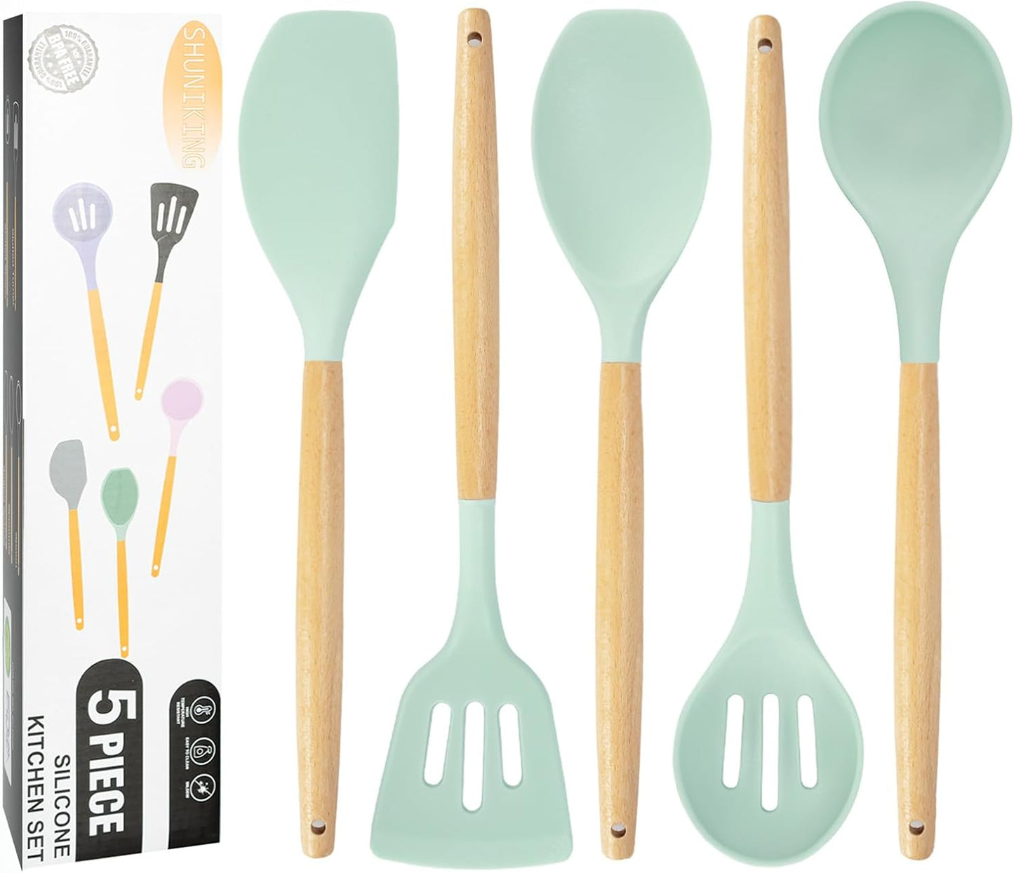 Cooking Utensils Set.19 Kitchen Set Utensils Set with 11 Pieces Spatula Cooking Utensils.Heat Resistant Silicone Utensils 6 Piece Sharp Knife Set 2 Pieces Utensil Cutting Board (Green 19 PCS Set)