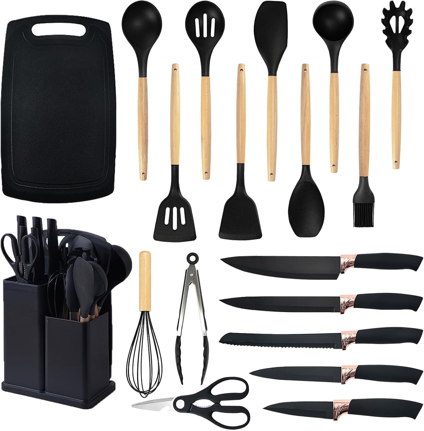 Cooking Utensils Set.19 Kitchen Set Utensils Set with 11 Pieces Spatula Cooking Utensils.Heat Resistant Silicone Utensils 6 Piece Sharp Knife Set 2 Pieces Utensil Cutting Board (Green 19 PCS Set)